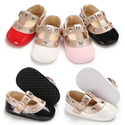New Newborn Baby Girl Bow Princess Shoes Soft Sole Crib Leather Solid Buckle Strap Flat With Heel Baby Shoes 4 Colors