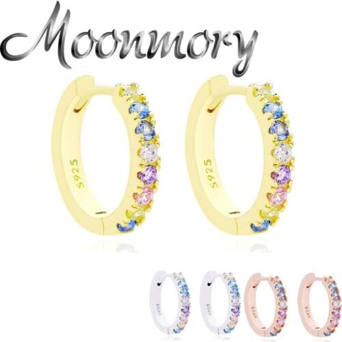 Moonmory 925 Sterling Silver Colorful Full Zircon Hoop Huggies Earring For Women Charm Rainbow CZ Big Size Round Earring Jewelry