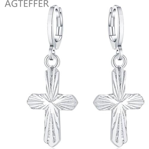 AGTEFFER 925 Sterling Silver Cross Earrings Fashion Woman Charm Drop Earrings Engagement Wedding Jewelry