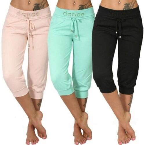 Women Casual Pants Solid Color Large Size Low Rise Drawstring Pockets Sports Capri Pants Shorts Casual Womans Nylon Trousers