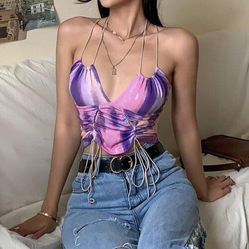 Women Fashion Tie-dye Camisole Summer Sexy Halter V-neck Drawstring Exposed Navel Tube Top Sling Strap Crop Tops Cami Streetwear