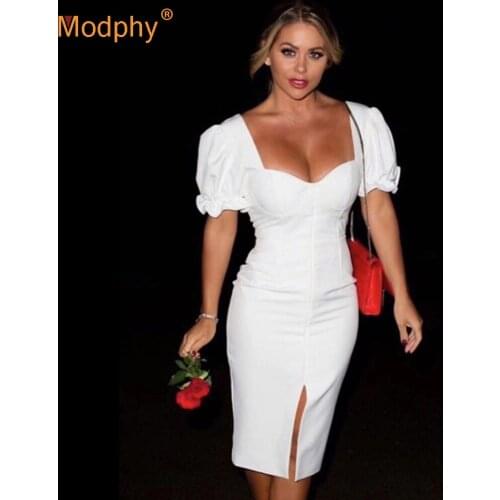 Spring and Autumn New Womens Sexy White Bubble Short Sleeve Bodycon Split Dress Vestidos Celebrity Club Evening Party Dress