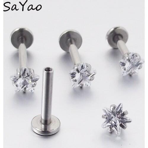 1.2x6x3mm 16G Gold Stainless Steel Anodized Internally Threaded Prong Gem Labret lip piercing Zircon labret ring Tragus Earring