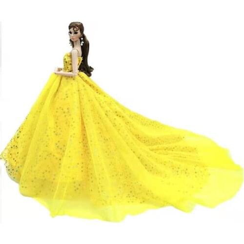 1/6 BJD Dollhouse Accessories Fashion Yellow Sequin Princess Wedding Dress for Barbie Doll Clothes Outfits Evening Party Gown