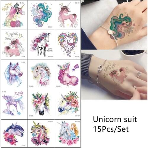 15Pcs/Set Individuality Unicorn Design Water Transfer Waterproof Temporary Tattoo Stickers For Women Body Art Fake Tattoos