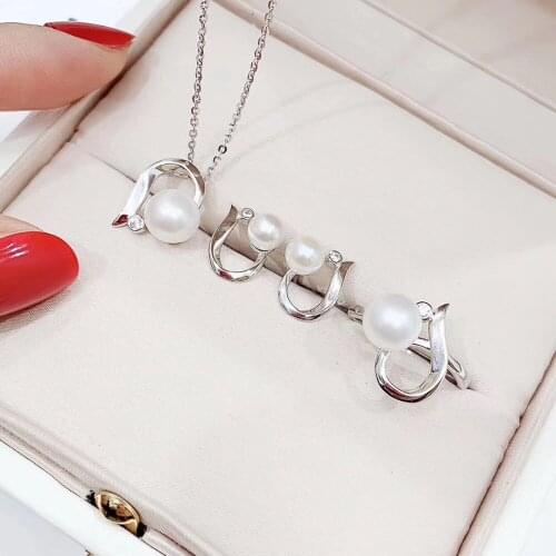 925 Silver Fashion Pearl Pendant Ring Earrings Set Mountings Findings Beautiful Jewelry Set Parts Fittings Component