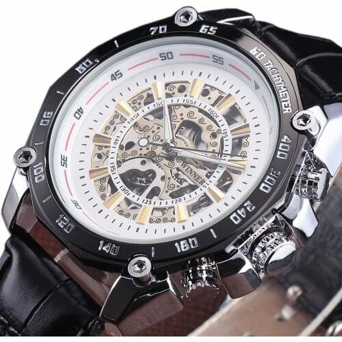 Top Brand WINNER Leather Strap Men Automatic Self-Wind Chronograph Clock Tungsten Steel Case Skeleton Male Gift Mechanical Watch