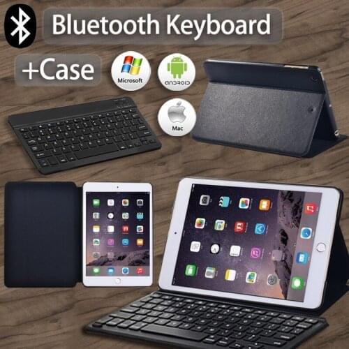 For Apple IPad Mini 1 2 3 4 5 7.9 Inch Tablet Cover Flip Stand Pure Black PU Leather + Wireless Keyboard Bluetooth Keyboard+ Pen