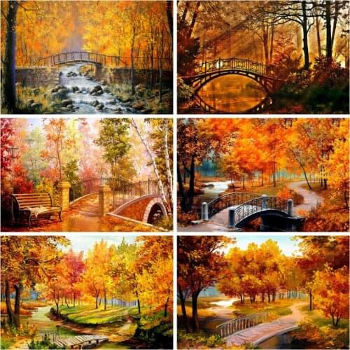 HUACAN 5D Diamond Painting Tree Autumn Full Drill Needlework Diamond Embroidery Landscape Bridge Mosaic Art Rhinestone Wall Art