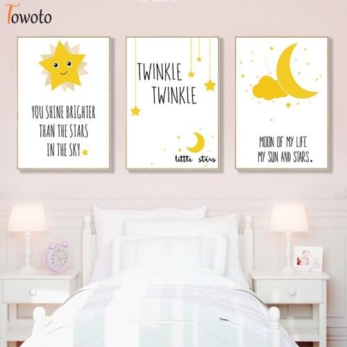 Yellow Star Moon Canvas Painting Nursery Baby Room Wall Art for Boy Girl Decoraiton Picture Bedroom Poster Positive Quote Decor