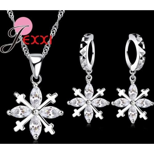 Charm 925 Sterling Silver Chain Cross Crystal Snowflake Drop Earrings Flower Pendant Necklace Bride Wedding Jewelry Sets