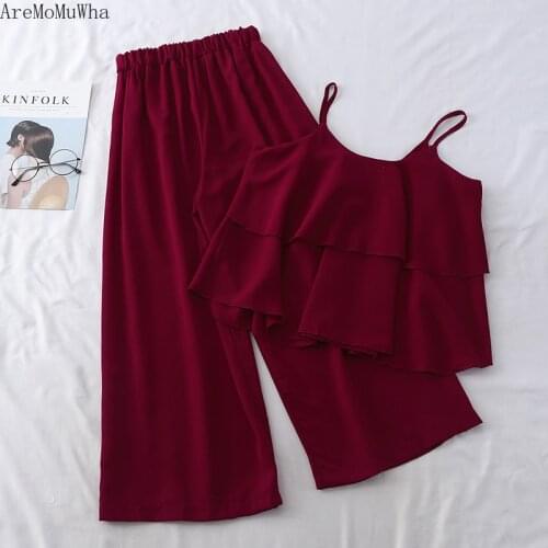 AreMoMuWha Fashion Sets Summer Small Fresh Double Ruffled Sling Top + Elastic Waist Wide Leg Pants Two-piece Female womens MH357