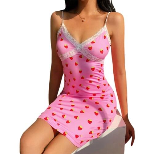 Y2K Strawberry Print Lace Dress Summer Women Sweet Spaghetti Strap Casual Outfits Bodycon Party Dresses High Street Vestido 2021