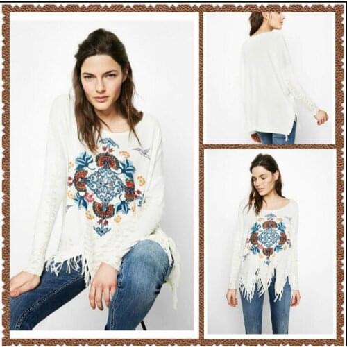 Spanish Desigual new foreign trade flower print shirt fashion tassel lady base sweater loose show temperament thin sweater