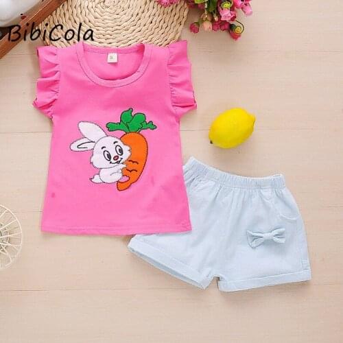 Summer new childrens short-sleeved printed suit, childrens solid color shorts, baby girl cartoon clothes, thin boutique suit
