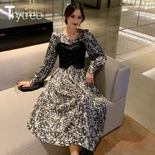 Trytree 2021 Autumn Women Two Piece Set Casual PU Crop Vest + Full Sleeve Floral A-line Black Dress Suits 2 Piece Clothing Sets