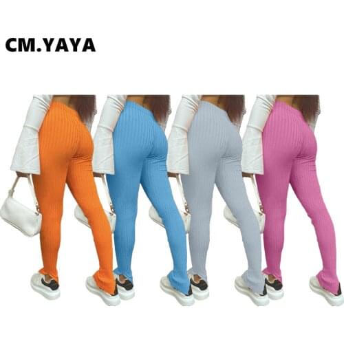 CM.YAYA Streetwear Women Ribbed Slit Flare Pants Leggings High Waist Knitted Trousers Activewear Jogger Sweatpants