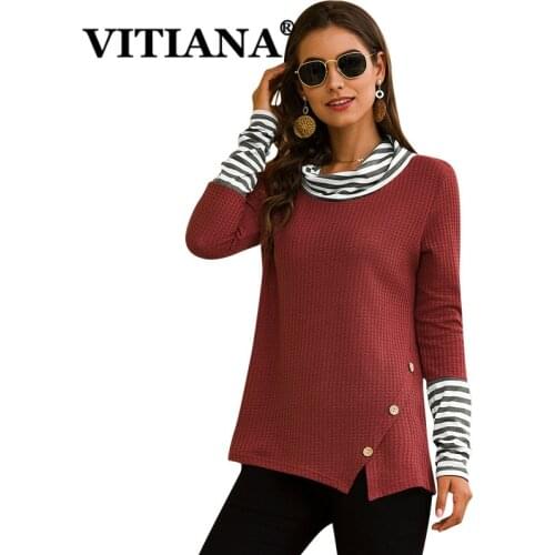 VITIANA Casual Long Sleeve T-Shirt Women Autumn 2019 Female Pullover Knitted Buttons Pactchwork Elegant Tshirts Femme Tops