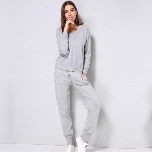 Knitted Set Womens Autumn winter Woolen and Cashmere Knitted Suit V neck Sweater Tracksuit Women Hoodies Two-Piece Set knit