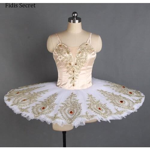 High Quality Champange Spandex Bodice w/White Platter Ballet Tutu Skirt For Girls Ballerina Dance Performance Stage Costumes