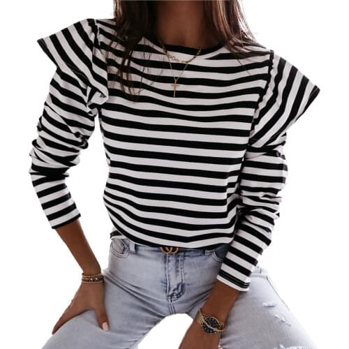 Hot Fashion Womens Striped T Shirt O Neck Ruffles Long Sleeve Leisure Tops Harajuku Casual Pullover T-shirts Striped Top Fall