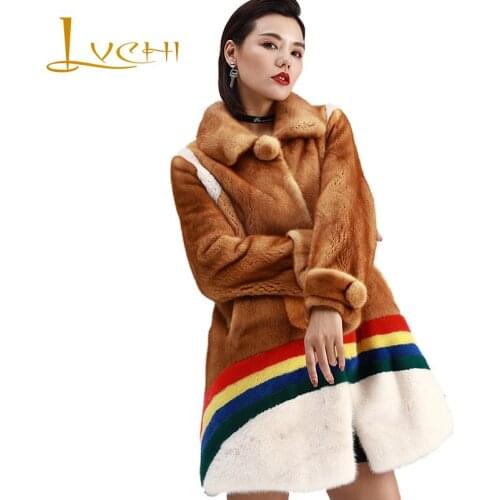 LVCHI Winter 2019 Real Mink Fur Coats Womens Patchwork Color Coat Full Pelt Contrast Color Turn-Down Collar Long Mink Coats