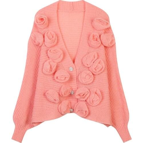 2021 Autumn Winter Floral Appliques Thick Women Cardigan V neck Loose Knitted OUtfit Jacket Coat Female Jumper knitwear