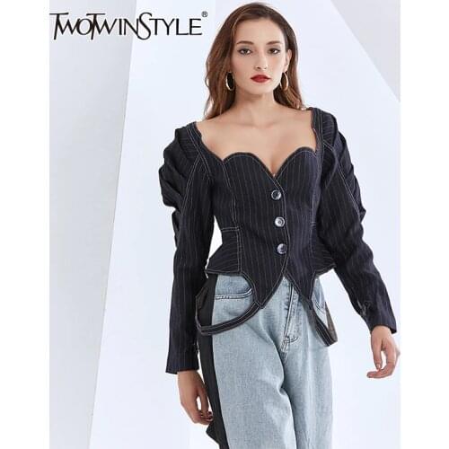 TWOTWINSTYLE Striped Coat For Women Square Collar Puff Long Sleeve Asymmetric Hem Designer Jackets Jackets Female 2020 Clothing