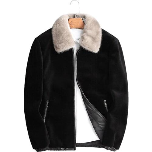 100% Wool Sheep Shearling Coat Winter Jacket Men Mink Fur Collar Coats Plus Size Jackets F-CQ-A72A ND1162