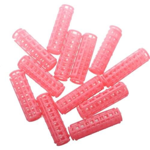 12 Pcs Pink Plastic DIY Hair Styling Roller Curlers Clips