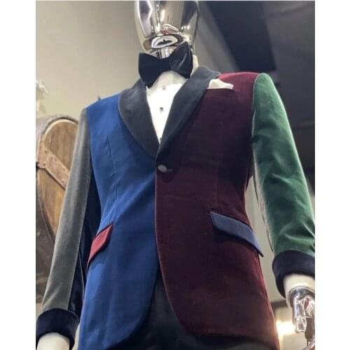 Latest Design Velvet Stitching Colorful Smoking Jackets Shawl Lapel Formal Tuxedos Vintage Party Prom Suit Blazer Only Coat 1 PC