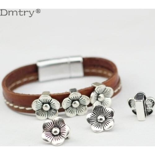 Dmtry 10pcs Antique Silver 10mm Flat Holder Sliders Charm For Use With 10*5mm Flat Leather Cord Lucky Flowers Parts BB0008