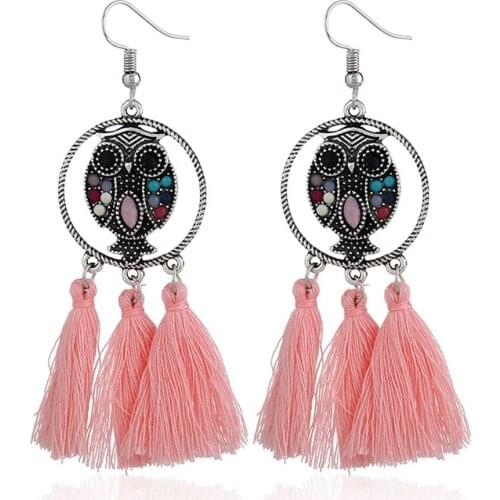 CRLEY Personalized Owl Tassel Drop Earrings For Women Statement Jewelry Female Ethnic Tassel Earring Vintage Fringe Earring