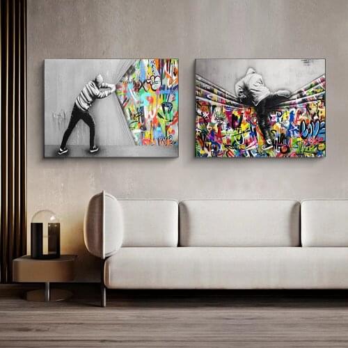 Over The Wall Behind The Curtain Art Canvas Print Painting Graffiti Street Wall Picture Living Room Home Decoration Poster