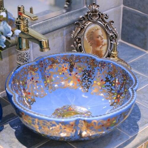 Jingdezhen ceramic art counter basin wash basin basinlavabo sinks Bathroom sinks hand wash sink gold flower shape