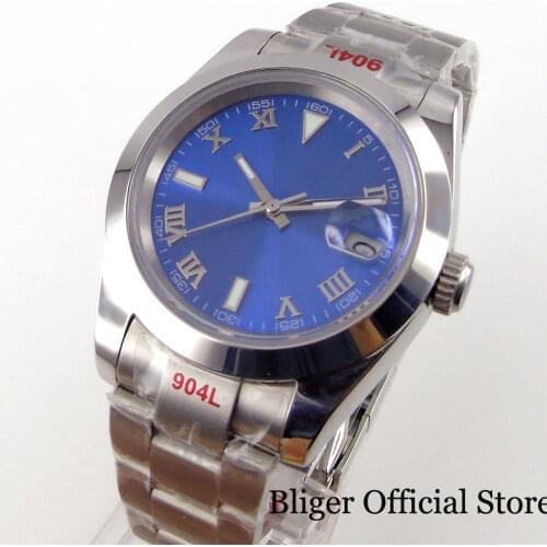 Classic BLIGER Blue Mechanical Men Watch 21 jewels MIYOTA 8215 904L Brushed Oyster Bracelet Screwdown Crown Date