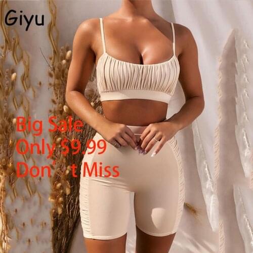 Giyu Sexy Club Party Two Piece Sets 2021 Summer Pleated Ruched 2 Piece Set Women Crop Top Short Sets Elegant Bodycon Tracksuit