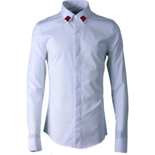 Red Bee Embroidered Men Shirt Solid Color Luxury Long Sleeve Mens Dress Shirt White Black Slim Fit Casual Shirt Camisa Masculina