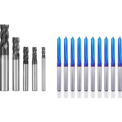 5Pcs 4 Fultes Milling Cutter Router Bits CNC End Mill Set 4-10Mm & 10Pcs Straight Groove 60 Degree V Bits Engraving Bits
