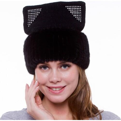 New Fashion Natural Water Mink Lady Cute Cat Ear Hat Womens Cotton Knit Warm Hooded Hat Diamond Accessories Ear Female DHY18-32