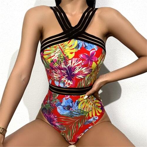 2021 New Styel Women’s Sexy One-piece Bikini Plant Printing Backless High-waist Slim Fit Swimsuit Summer Beachwear