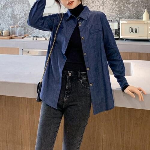 2020 spring and autumn new large size loose mid-length denim shirt womens long-sleeved slimming shirt casual all-match shirt