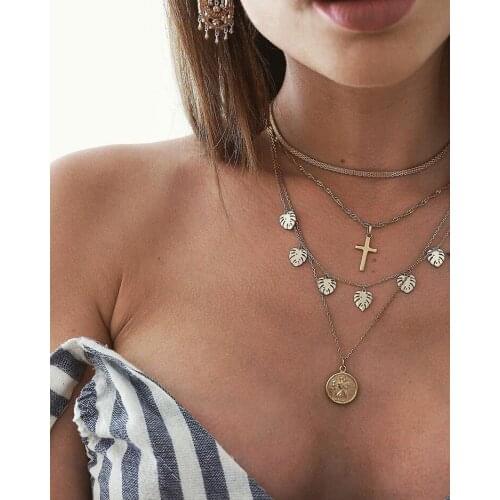 New Fashion Jewelry Necklace Multilayer Cross Leaf Pendant Necklace Boho Statement Necklace Wholesale Necklace Women