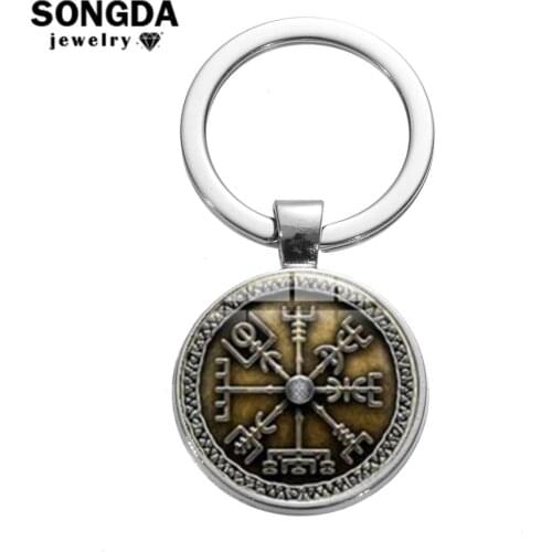 SONGDA Classic Vegvisir Viking Compass Key Ring Car Key Chain Retro Pattern Printed Glass Cabochon Handmade Keychain Rune Amulet