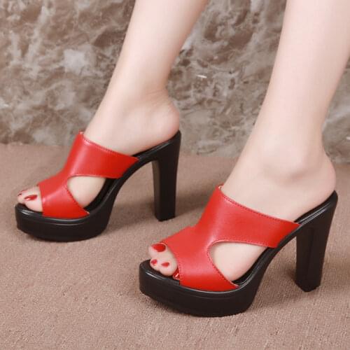Block Heel Platform Slippers Ladies Shoes Summer 2020 Open Head High Heels Slides Women Slippers for Office Party 41 42 43