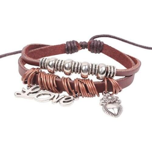 Vintage Heart Flower String Beads Charm Bracelet Wrap Fashion Genuine Leather Bangle Wristbands Adjustable Handmade Jewelry Gift