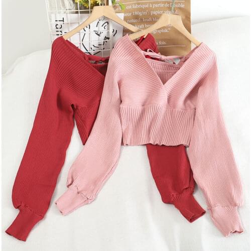 HISUMA Spring Autumn Women V-Neck Batwing Sleeve Backless Basic Shirt New Lady Short Elastic Slim Waist Knitted Chic Blouse Tops