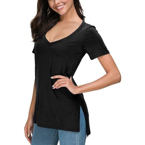 Deep V Neck WomenS T-Shirts Solid Color Summer Top Tee T-Shirts Side Split Tshirt Women Short Sleeve Tops Camisetas De Mujer