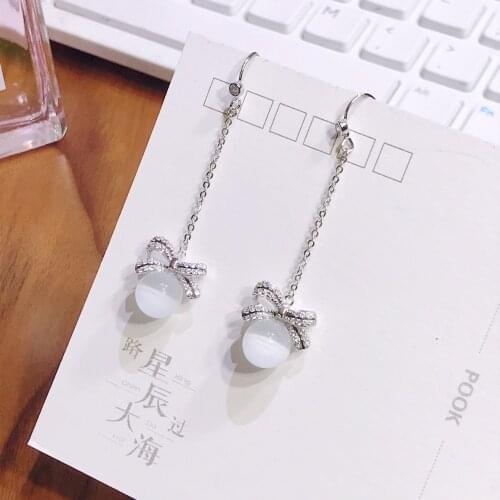 S925 Sterling Silver Original Tassel Women Dangle Earrings Opal Small Crook Stud Ear Hook Shiny Zircon Bow Pearl Eardrop Bowknot