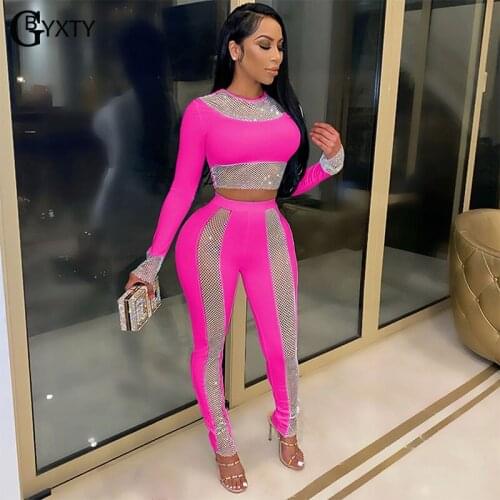GBYXTY New Autumn Long Pants Set Fashion Diamond Tracksuit Women Long Sleeve Crop Top and Pencil Pants 2 Piece Set Outfit ZL1258